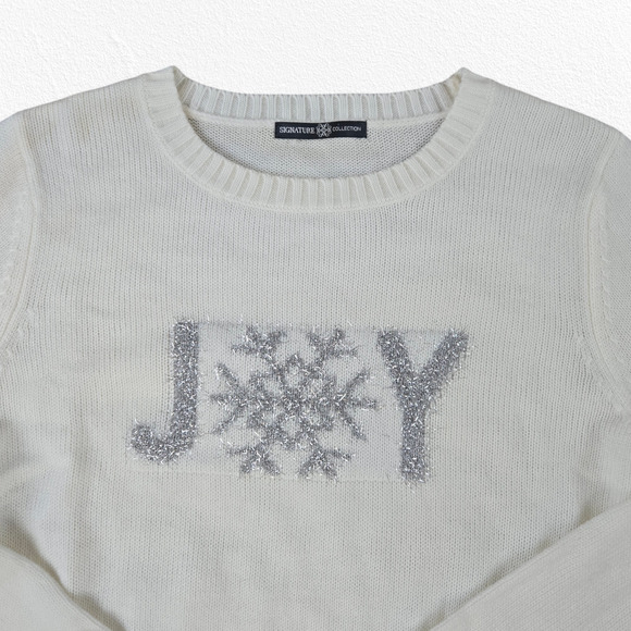 Signature Collection Ivory Silver Metallic Joy Crewneck Snowflake Sweater Large - Picture 3 of 6